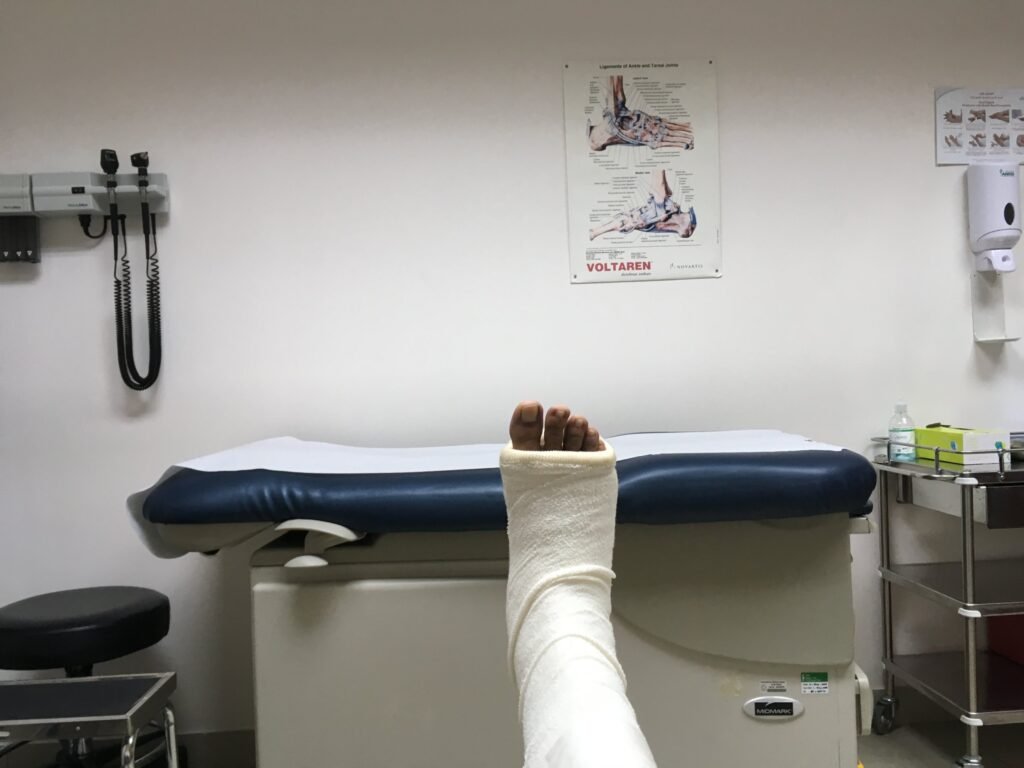 Foot in a cast in a doctor’s examination room