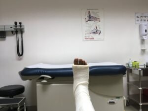 Foot in a cast in a doctor’s examination room